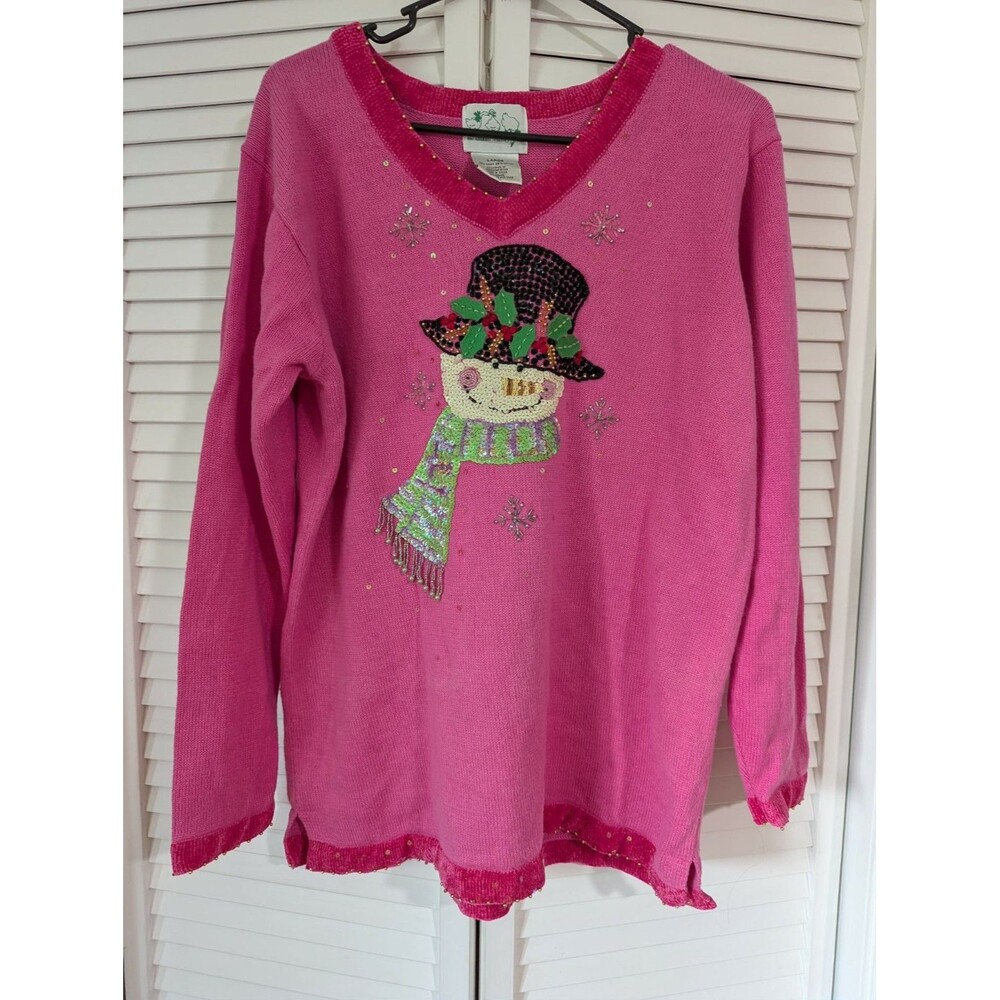 Quacker Factory Womens Sweater Sz L Pink Snowman Beaded Sequins Long Sleeve